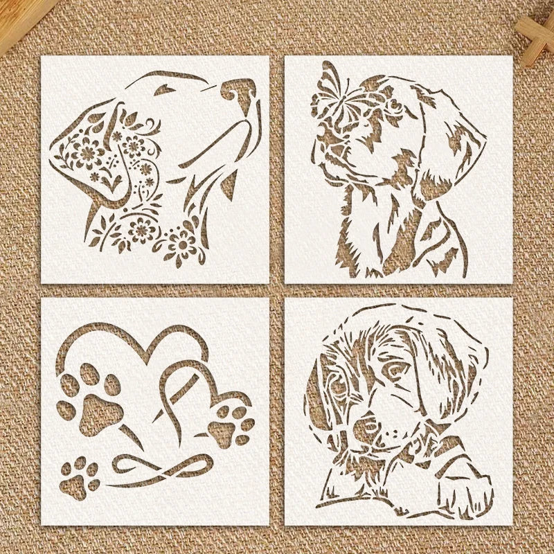 4pcs reusable dog-themed PET plastic stencils for DIY pet crafts, painting, and graffiti art projects.
