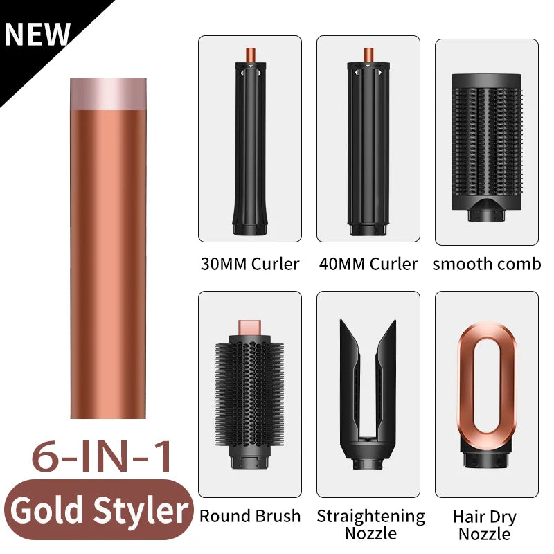 SenCiciMen 6-in-1 rose gold hair styler set with blow dryer, curling barrels, round brush, and straightening nozzle.