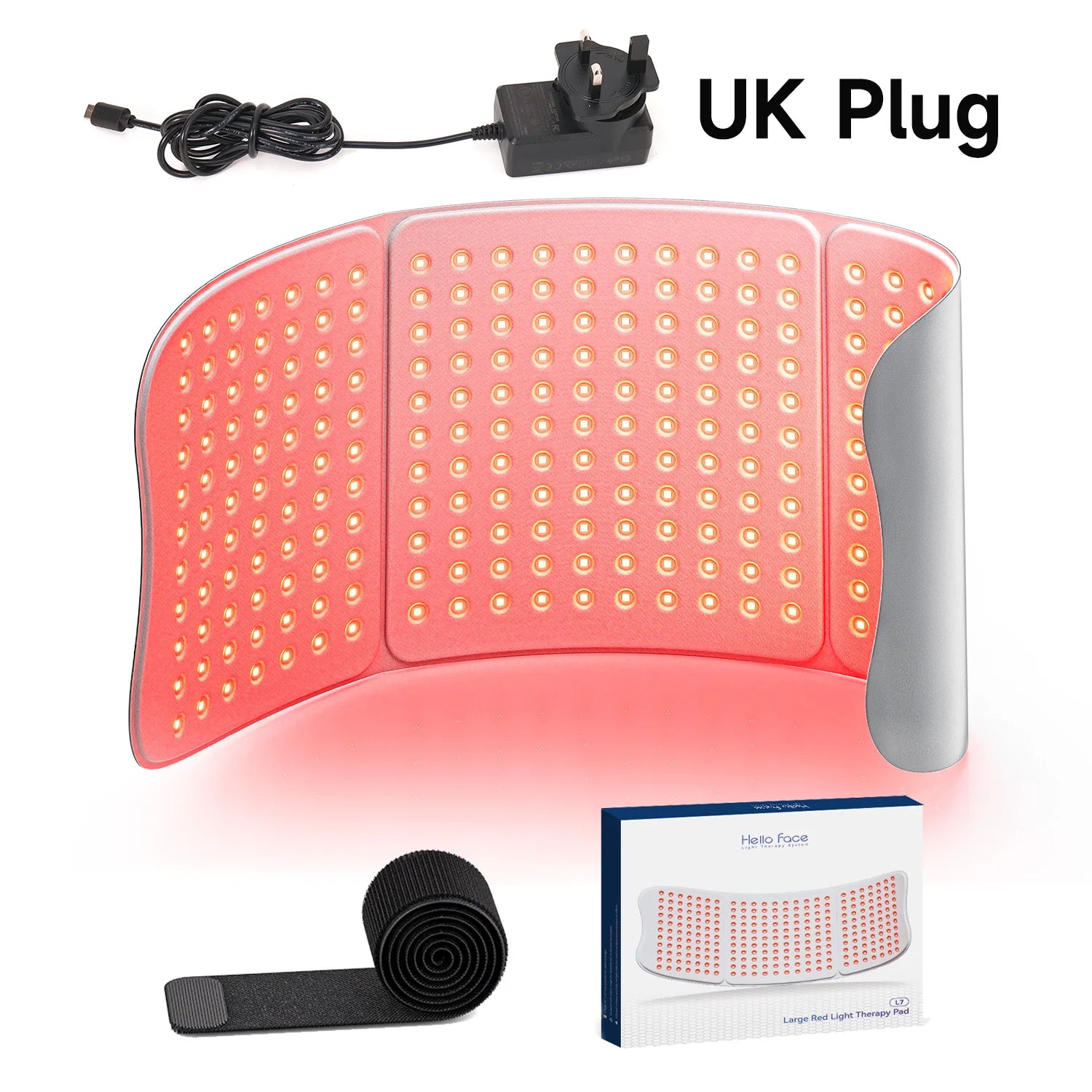 Hello Face L7 large red light therapy pad with 792 LED chips, UK plug, adjustable strap, and dual-wavelength tech.