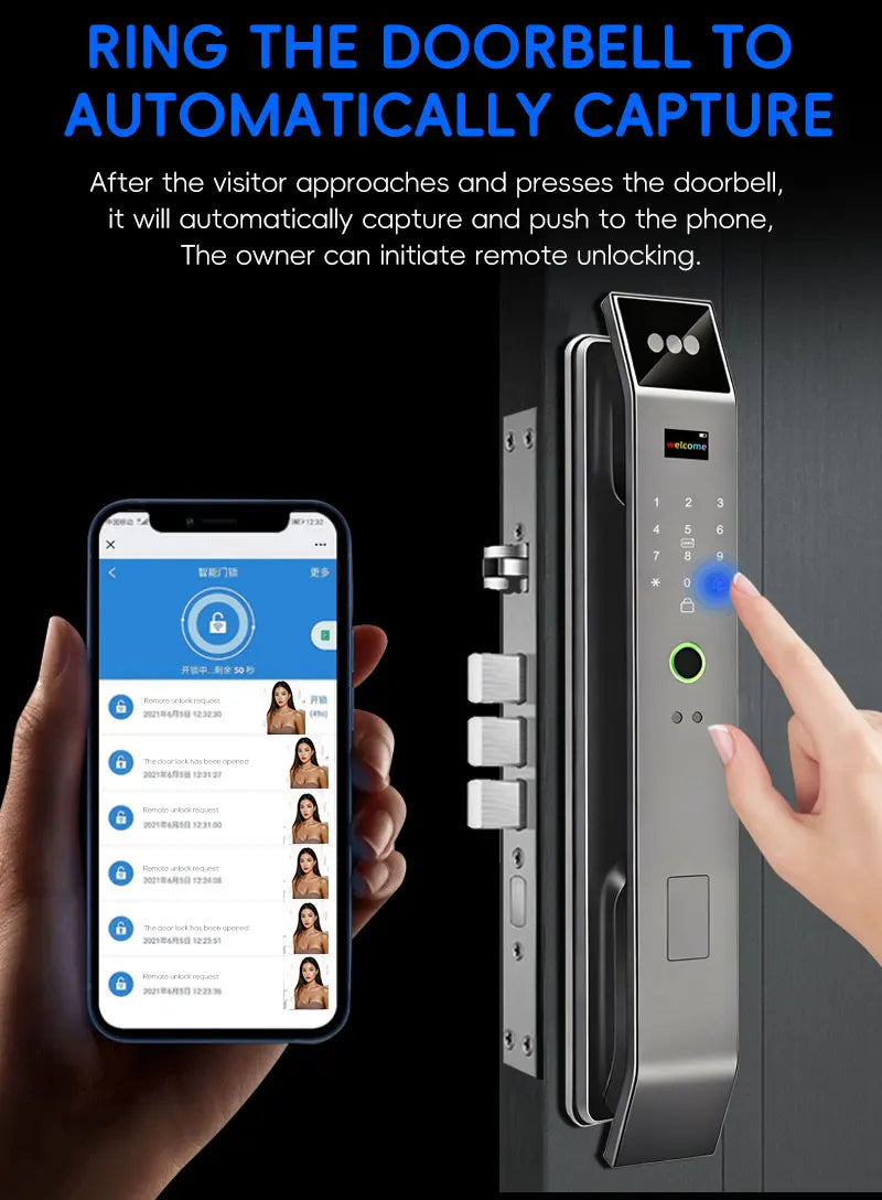 SANKESONG Tuya Smart 3D Face Door Lock with Security Camera Monitor Intelligent Fingerprint & Password Biometric Dual Battery