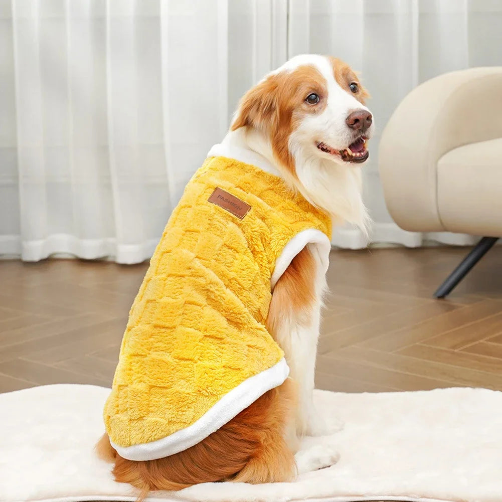 Dog wearing a cozy yellow fleece winter vest sweater for warmth and comfort. Available in sizes S-8XL.