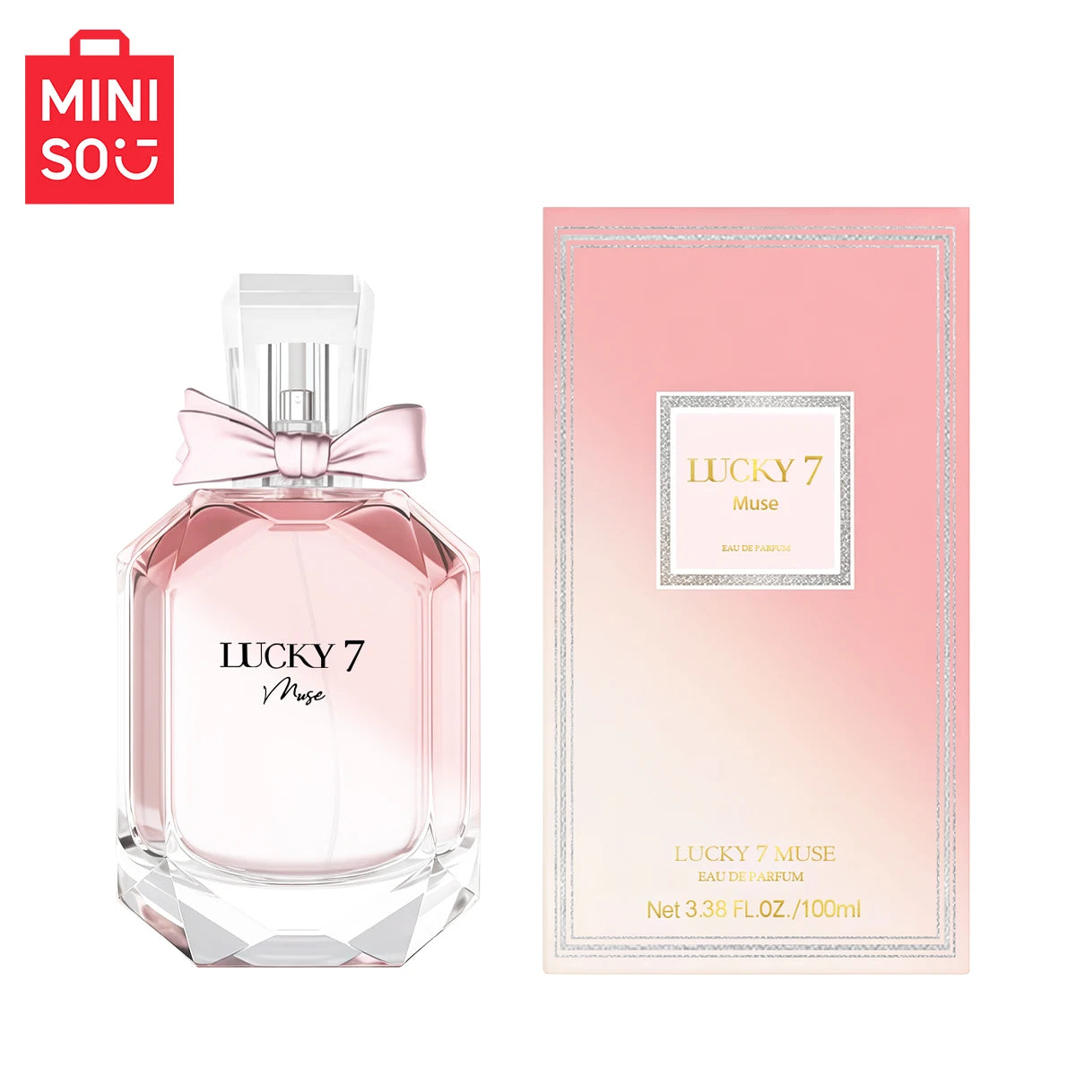 MINISO Lucky 7 Muse floral EDP for women: 100ml luxury perfume in a faceted pink bottle with a ribbon bow.