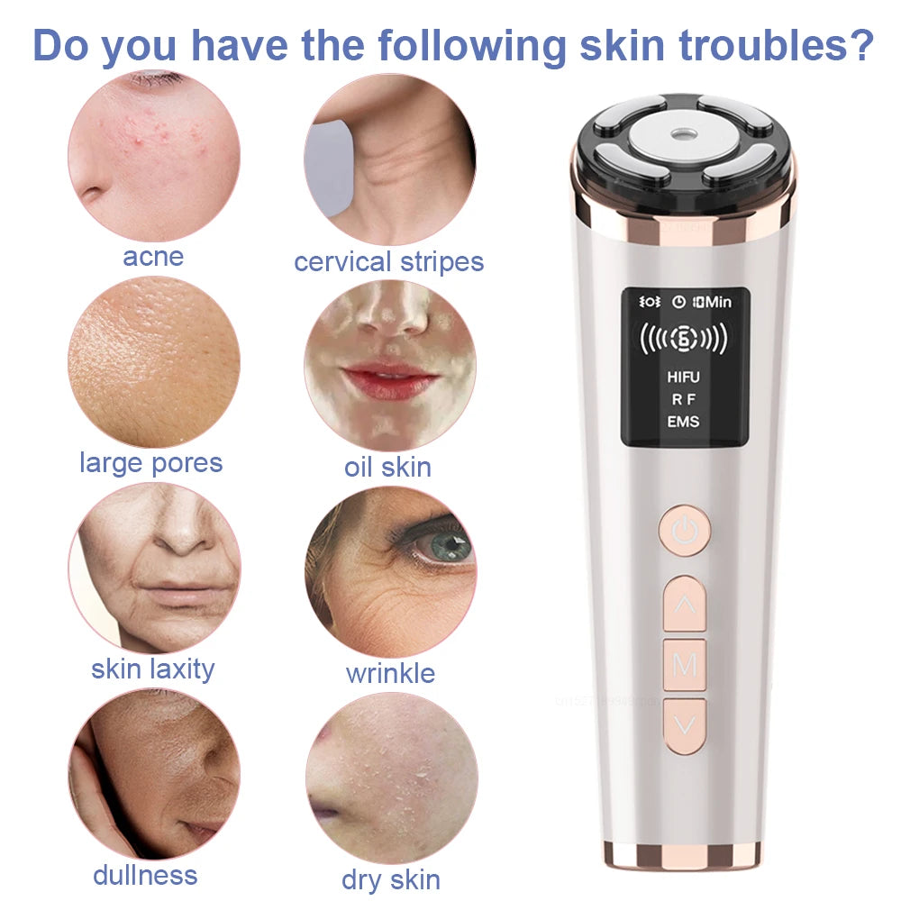 White and rose gold handheld HIFU, RF, and EMS facial skin tightening device with digital display and control buttons.