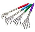 Four telescoping back scratchers with metal skeleton hand tips and colorful rubberized handles.