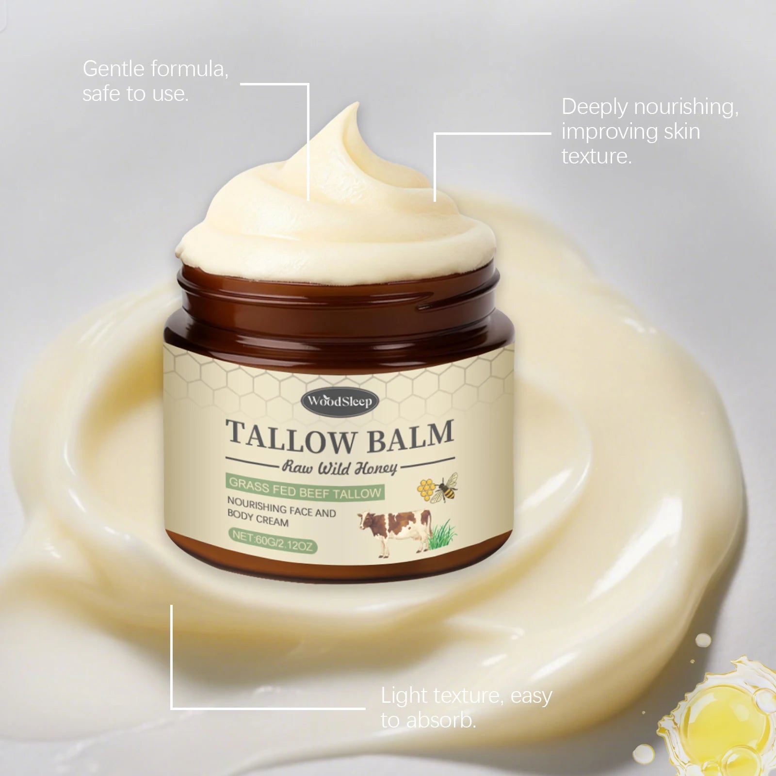 Woodsleep Organic Grass-Fed Beef Tallow Balm with Raw Honey Deep Hydration Face Body Care Smooth Soft Beef Tallow Honey Balm 60g