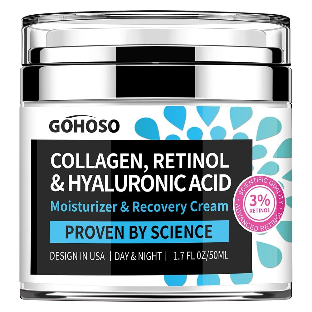 GOHOSO 50ml jar of collagen, retinol, and hyaluronic acid face moisturizer cream for firming and daily skincare.