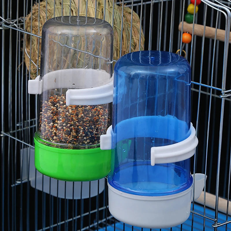 Automatic plastic bird feeder and water dispenser for parrot cages, easy-mount refillable bowl set for pet birds.