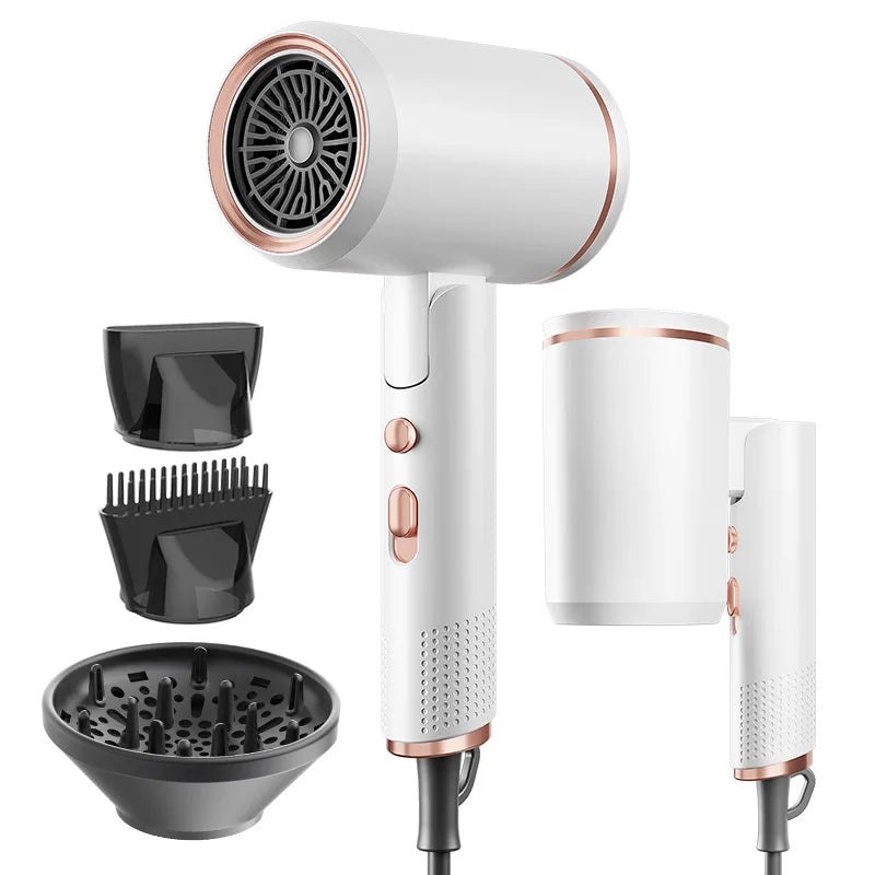 Foldable 2400W white and rose gold hair dryer with 3 attachments, diffuser, and nozzles for professional styling.