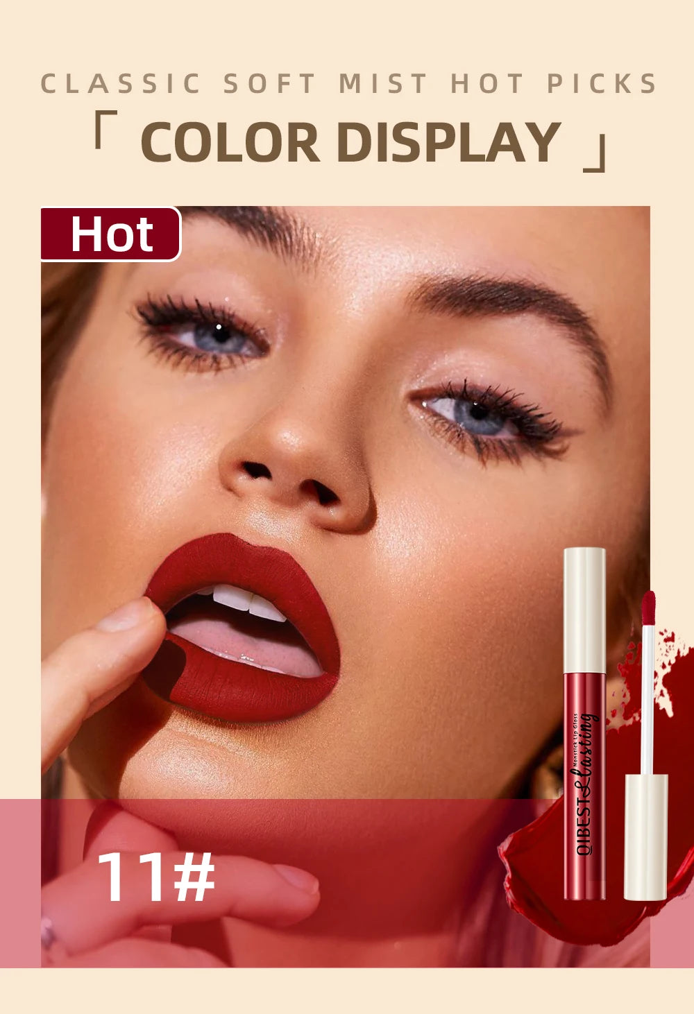 QIBEST sexy red matte liquid lipstick with velvet finish, long-lasting nonstick formula for vibrant lip makeup.