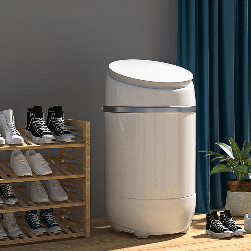 Tidesmit mini shoe washing machine side profile showing automatic drying feature for sneakers and slippers