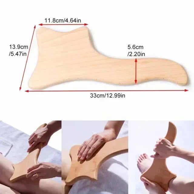 Wooden gua sha massage tool with wave-shaped curves for body scraping, showing dimensions and hands using it on skin.