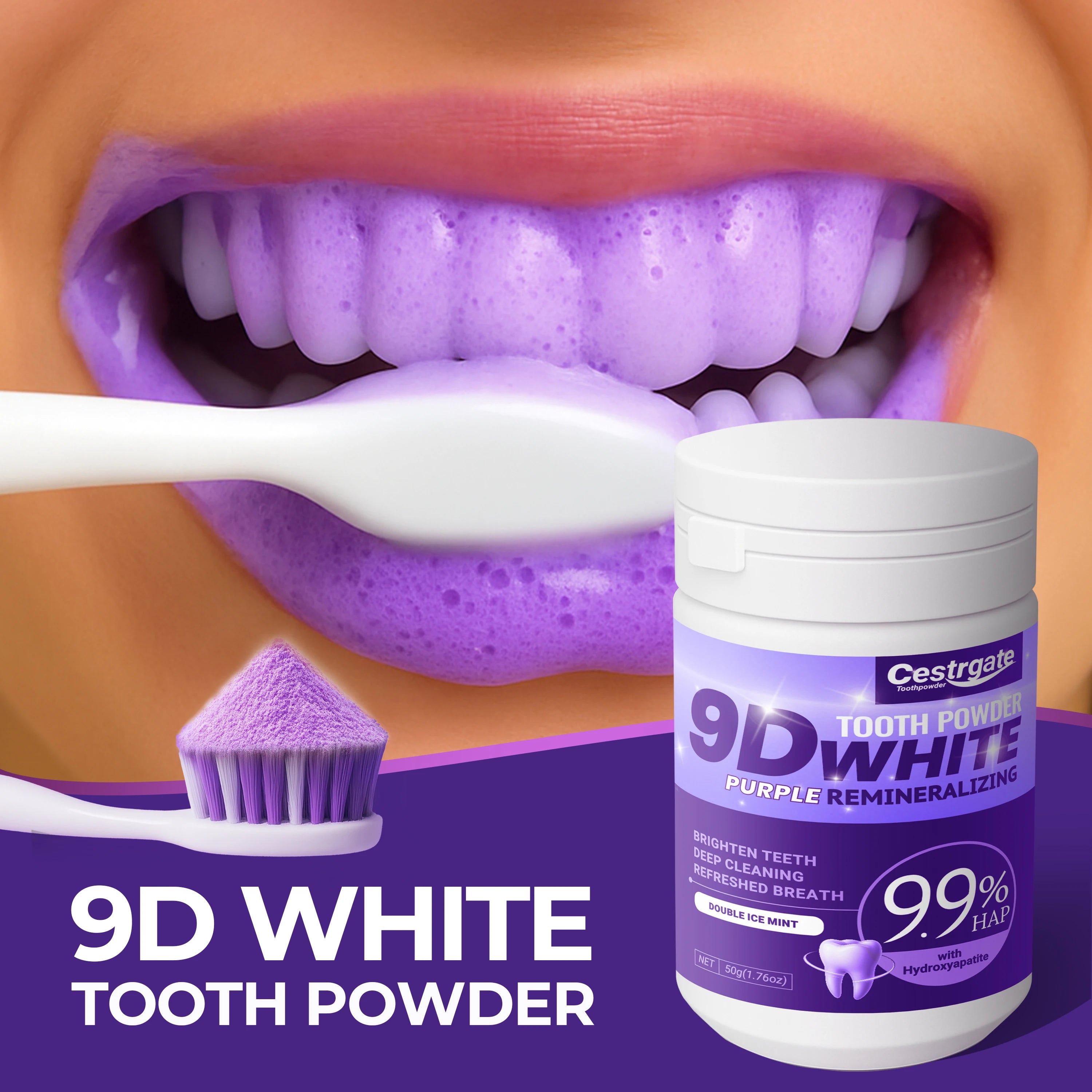 Tidesmit 9.9% purple Hydroxyapatite teeth whitening powder for deep cleaning and fresh breath dental care