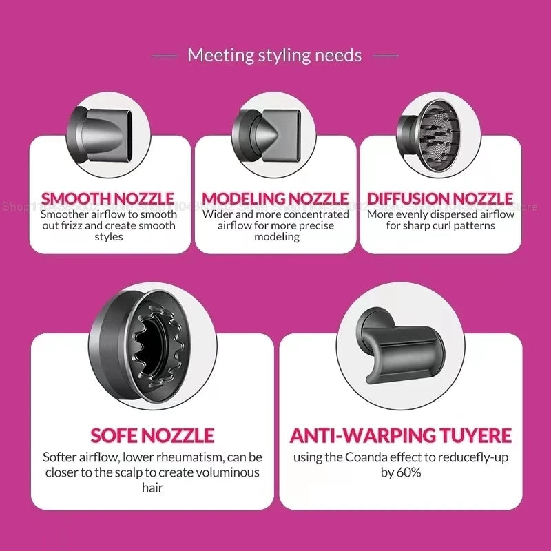 Hair dryer styling attachment set with smooth, modeling, diffuser, and anti-flyaway nozzles for fast, ionic drying.