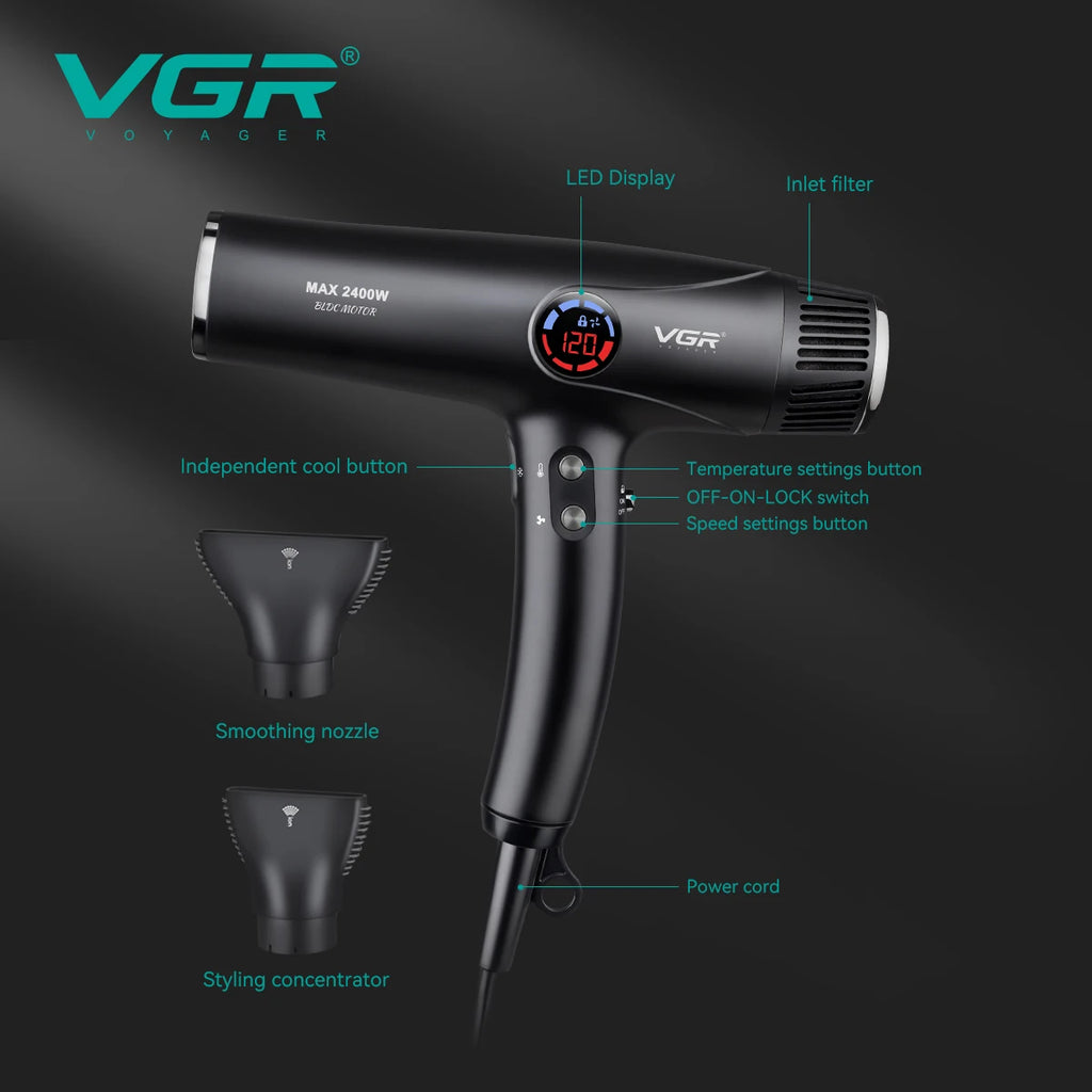 VGR V-469 professional black hair dryer with LED display, BLDC motor, 2 nozzles, and advanced heat/speed settings.