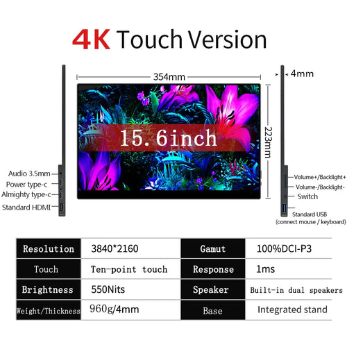 15.6-inch 4K OLED touch portable monitor with colorful screen