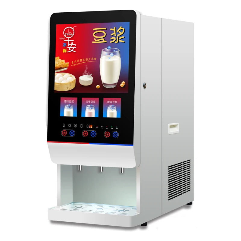 White commercial soy milk dispenser machine with digital touchscreen display and three dispensing nozzles.