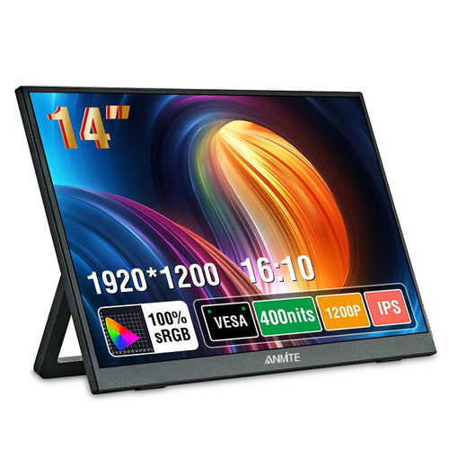 14-inch portable monitor with black foldable stand, 16:10 widescreen display