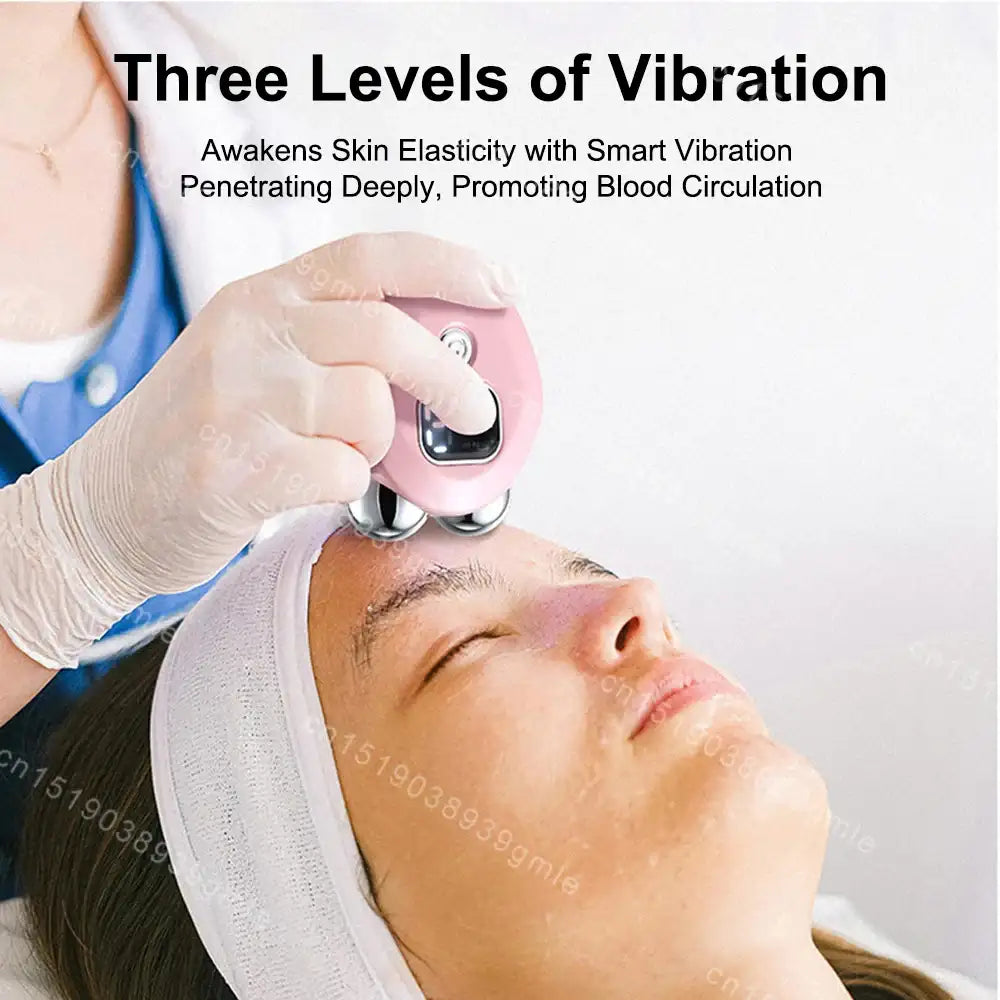 A person in white gloves uses a pink, dual-sphere microcurrent facial massager on a woman's forehead.