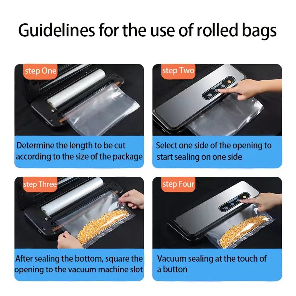 Vacuum sealer bag roll guide, steps for cutting and sealing with vacuum machine
