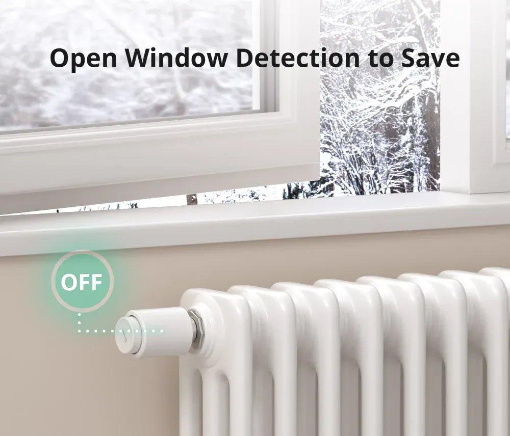 Zigbee thermostatic radiator valve on a white radiator with an OFF indicator