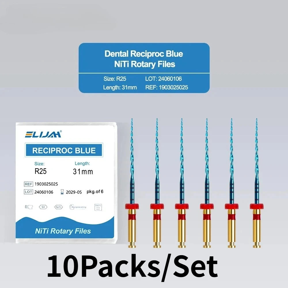 Blue NiTi dental reciprocating rotary endodontic files, R25 31mm size, shown in a 10-pack set with storage box.