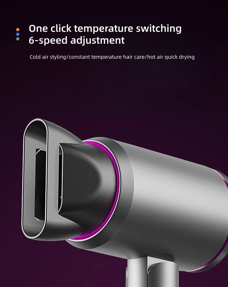 Silver foldable hair dryer with magnetic nozzle, 6-speed settings, and negative ion technology for fast drying.
