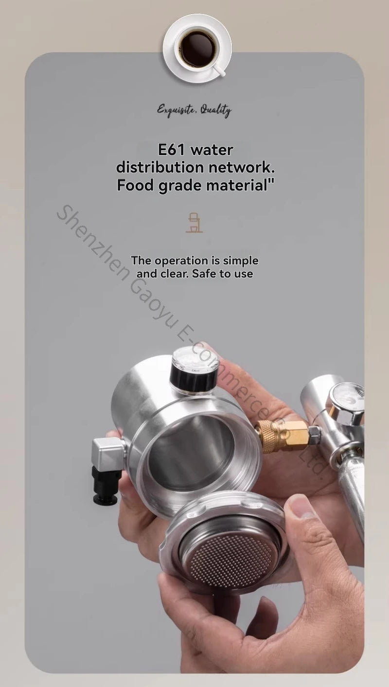 Silver E61 espresso machine group head component with pressure gauge, held in hand, high-quality food-grade metal.