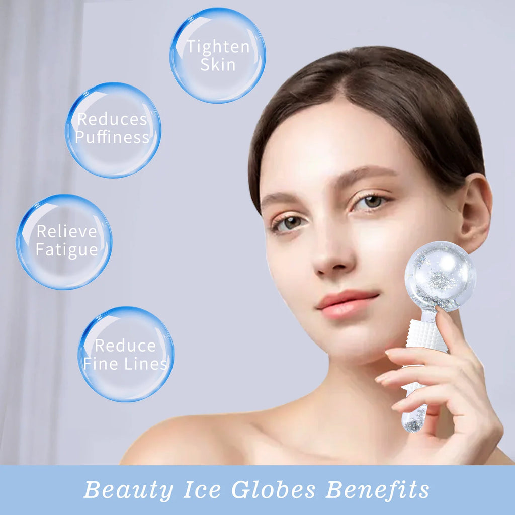 A woman uses a clear, glitter-filled glass massage globe on her face to reduce puffiness and tighten skin.