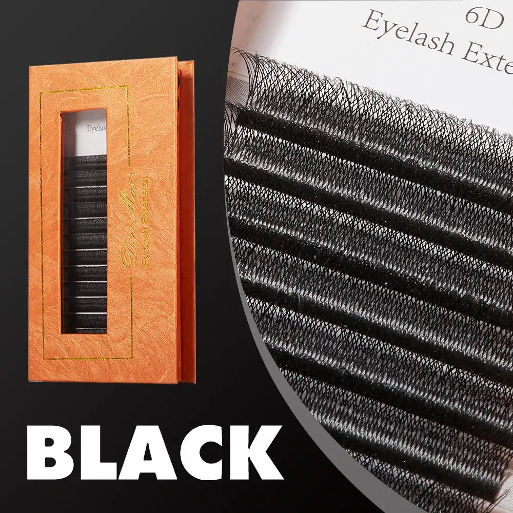DeceMars 6D-W shaped black eyelash extensions in an orange, textured rectangular display case.