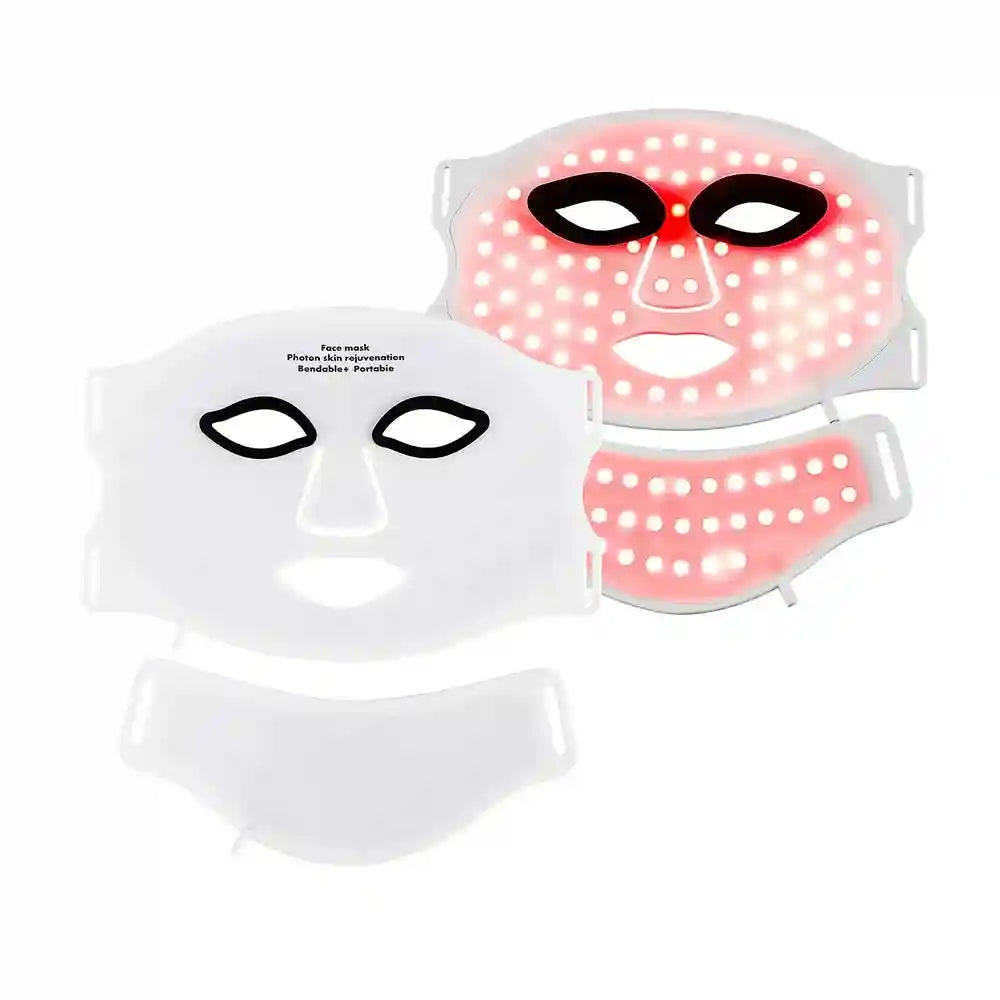 Flexible white silicone LED light therapy masks for the face and neck, shown both powered off and glowing red.