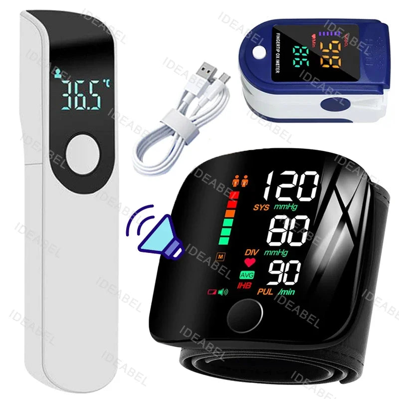 New LED Wrist Blood Pressure Monitor English Voice Broadcast Sphygmomanometer Tonometer BP Monitor Forehead Digital Thermometer