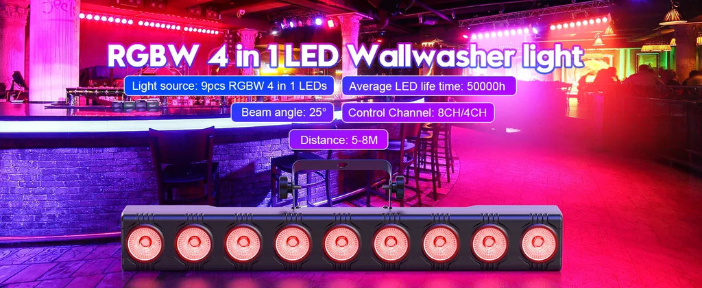 RGBW LED wall wash light bar mounted outdoors, casting red stage lighting effects