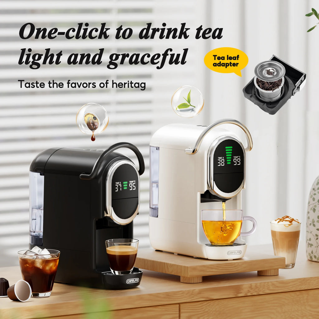 Cafelffe black and white capsule coffee and tea maker with digital temperature display and tea leaf adapter.
