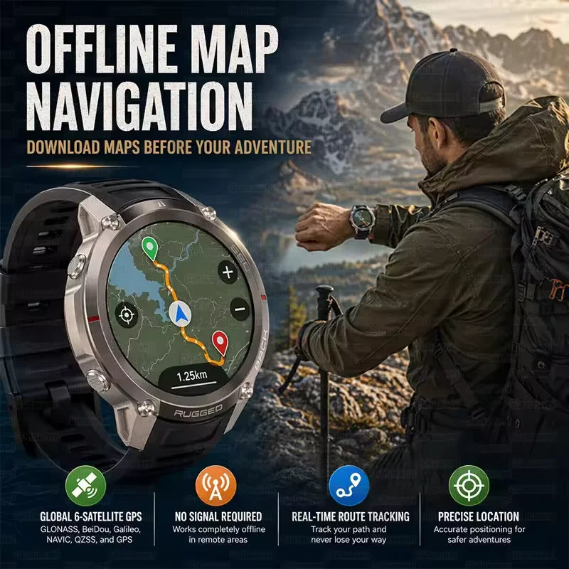 2026 New Sports Smart Watch With GPS Offline Map Download Bluetooth Call Military Clock Fitness Tracker Waterproof Bracelets Men
