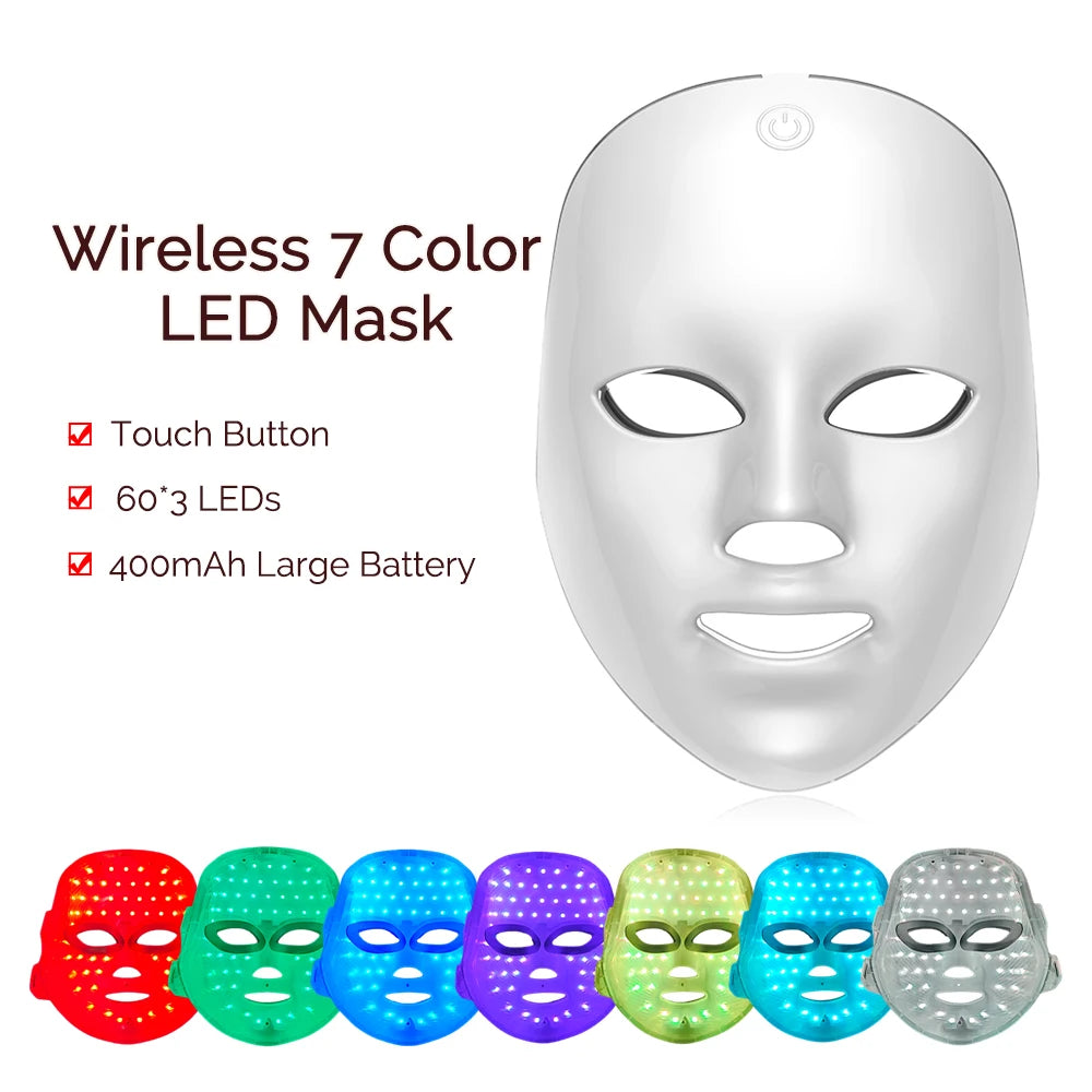 White wireless LED facial mask with 7 color light settings, touch button, and 180 internal LED lights.
