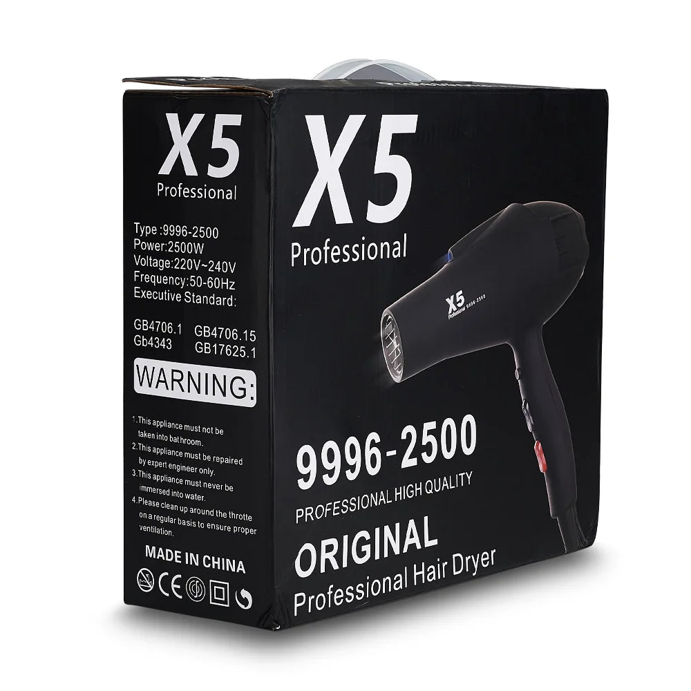 Black RESUXI X5 2500W professional hair dryer in branded retail box for fast salon-quality styling and home drying.