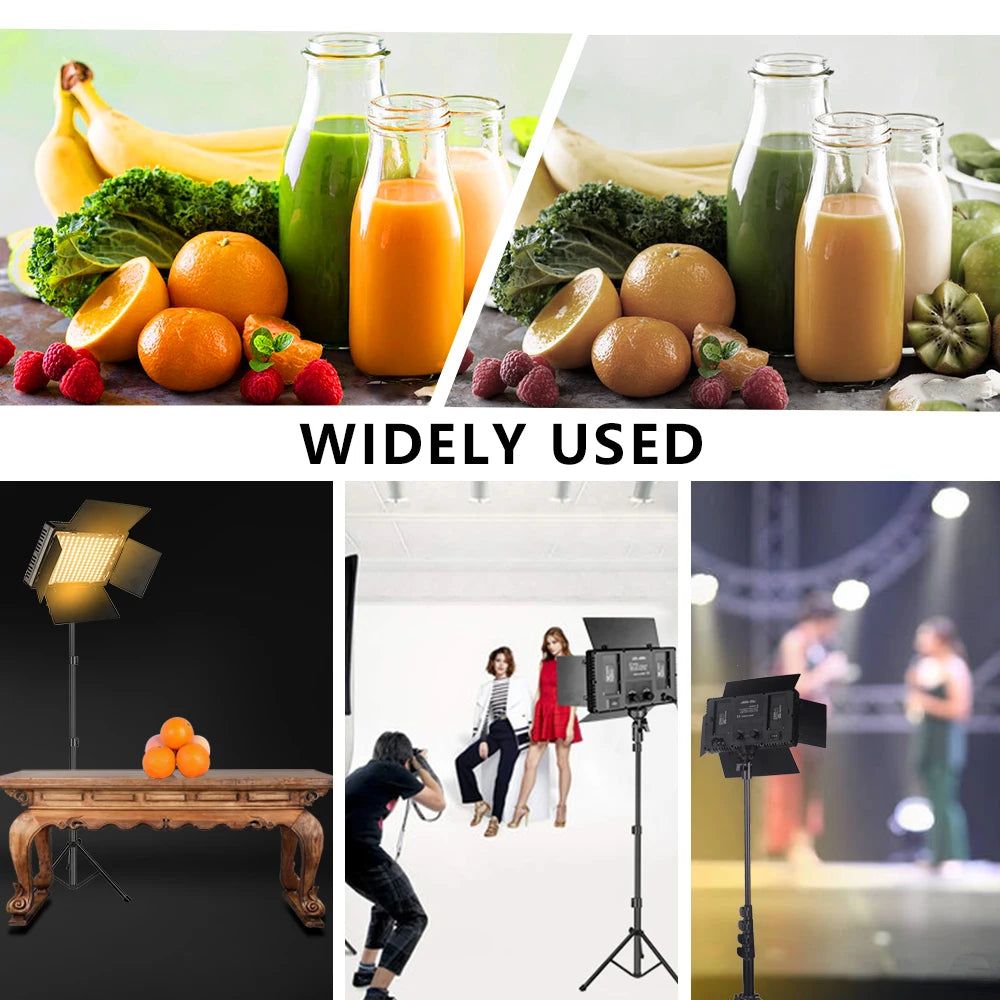 LED studio light panel with adjustable stand, used for food photography, portrait shoots, and stage lighting.