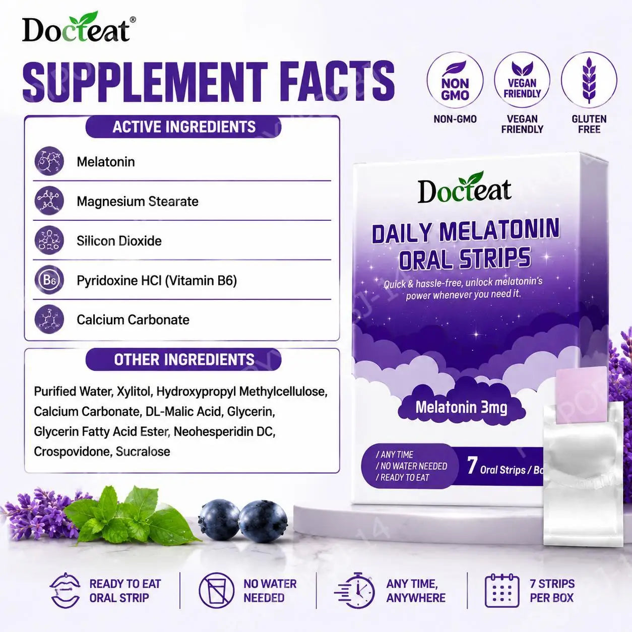 Docteat Daily Melatonin Oral Strips with Vitamin B6 No Water Needed Ready To Eat Dissolving Faster Sleep Onset 7 Oral Strips