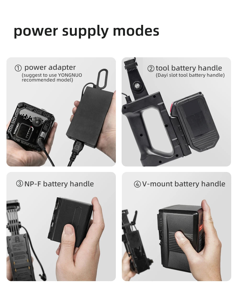 Four power supply options for LED light: power adapter, tool battery handle, NP-F battery, and V-mount battery handle.