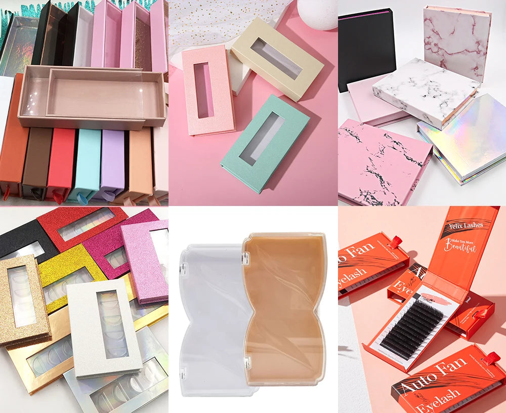 Assortment of colorful, patterned, and clear eyelash extension packaging boxes and a tray of dark brown Y-lash fans.