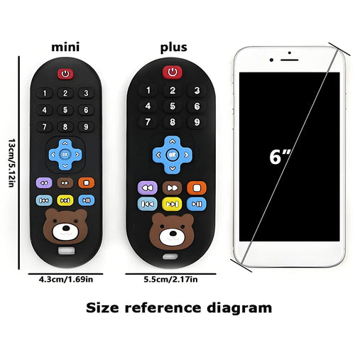 Black silicone remote control baby teething toy with bear design for soothing relief.
