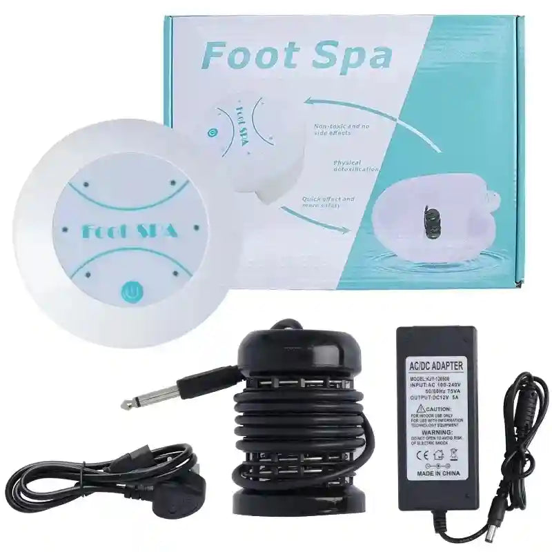 Ionic detox foot spa bath machine with white controller, black array, and power adapter for home wellness therapy.