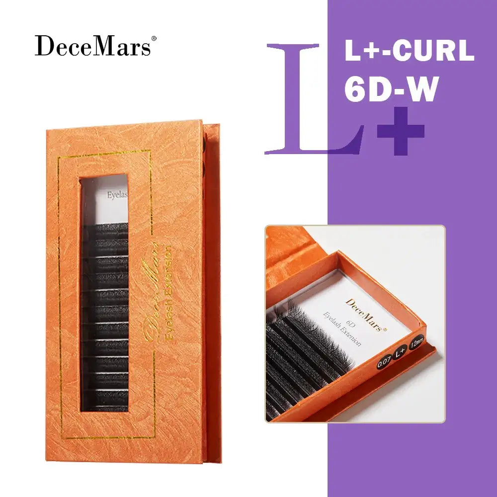 L+ curl 6D-W eyelash extensions in a textured orange paper tray. 0.07mm thickness and 12mm length.
