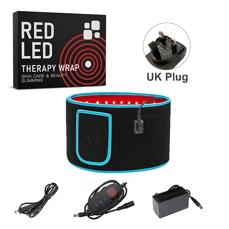 Red and infrared LED therapy belt for back pain relief, fat burning, and slimming, with UK plug and digital controller.