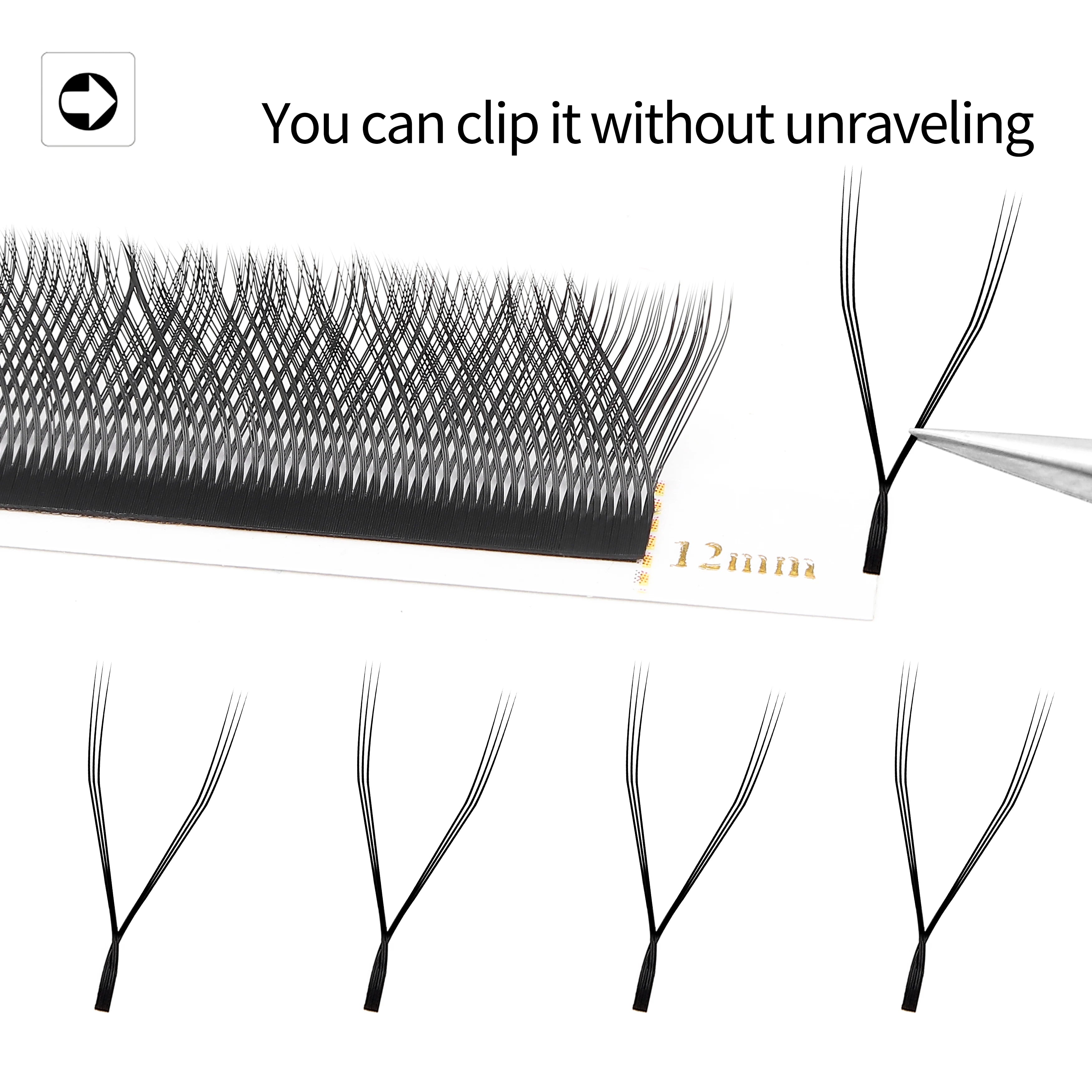 Black 12mm YY-shape eyelash extension strips on adhesive tape, shown being lifted with tweezers for professional use.