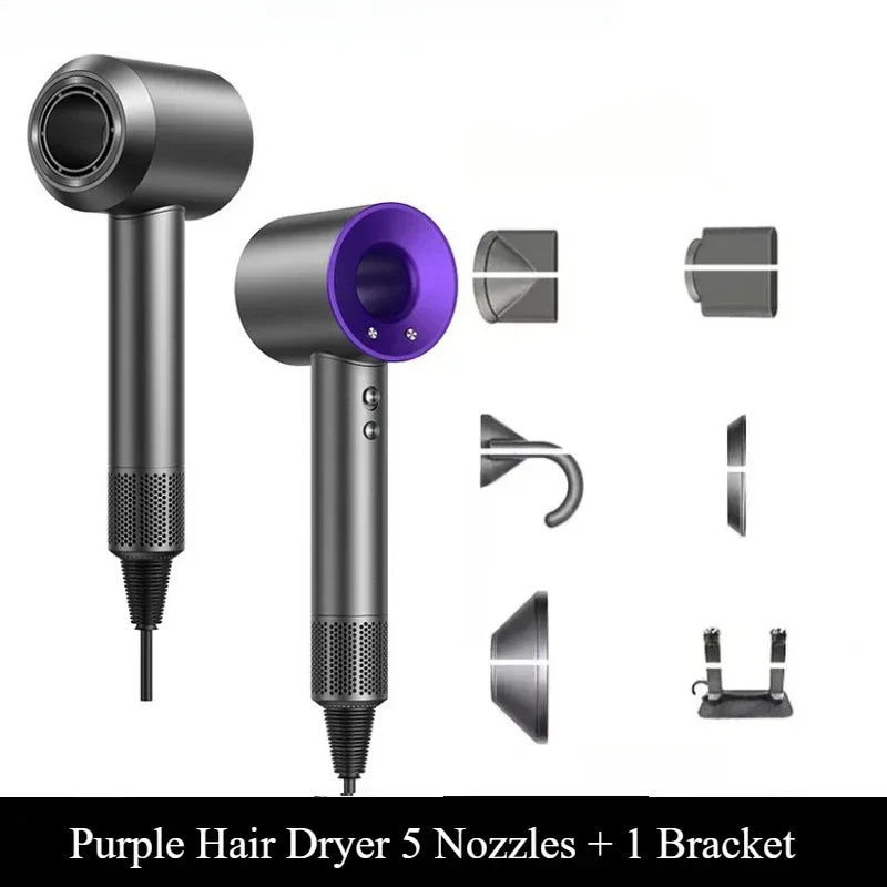 5-in-1 professional purple hair dryer with 5 styling nozzles and bracket for thermostatic, smooth hair drying.