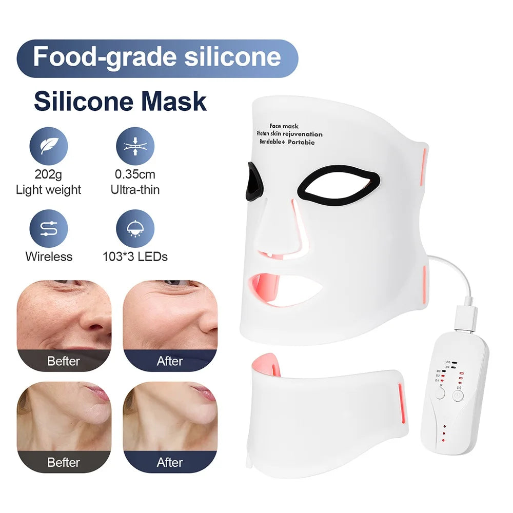 White, flexible silicone LED facial mask with a neck piece and remote, used for photon skin rejuvenation.