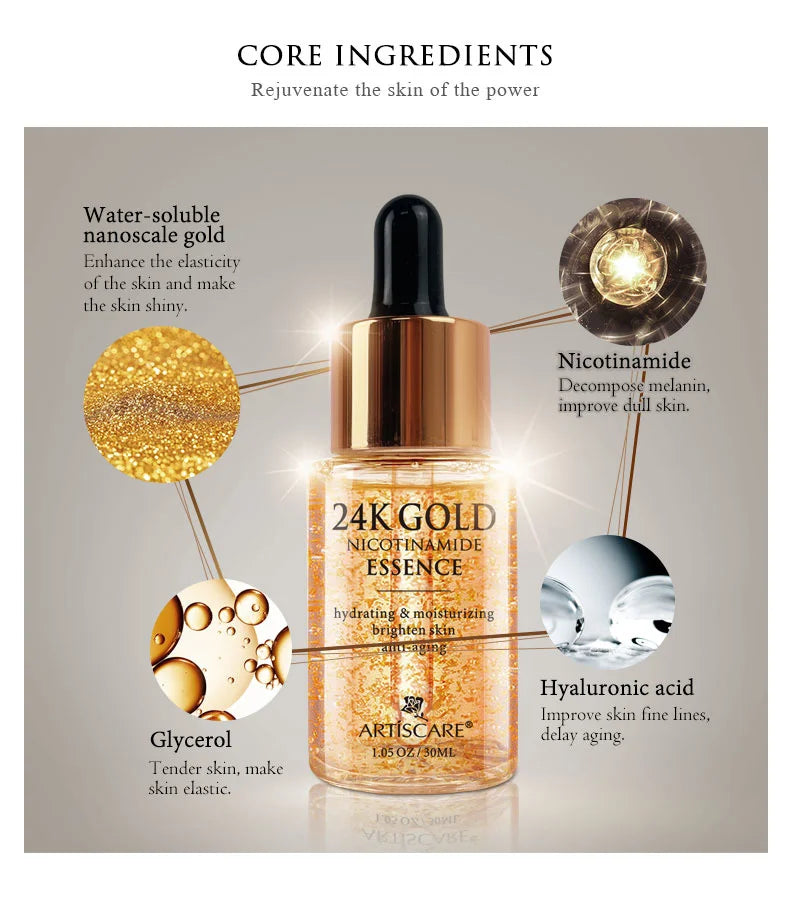ARTISCARE 24K Gold Nicotinamide Face Serum in dropper bottle. Moisturizing anti-aging essence with hyaluronic acid.