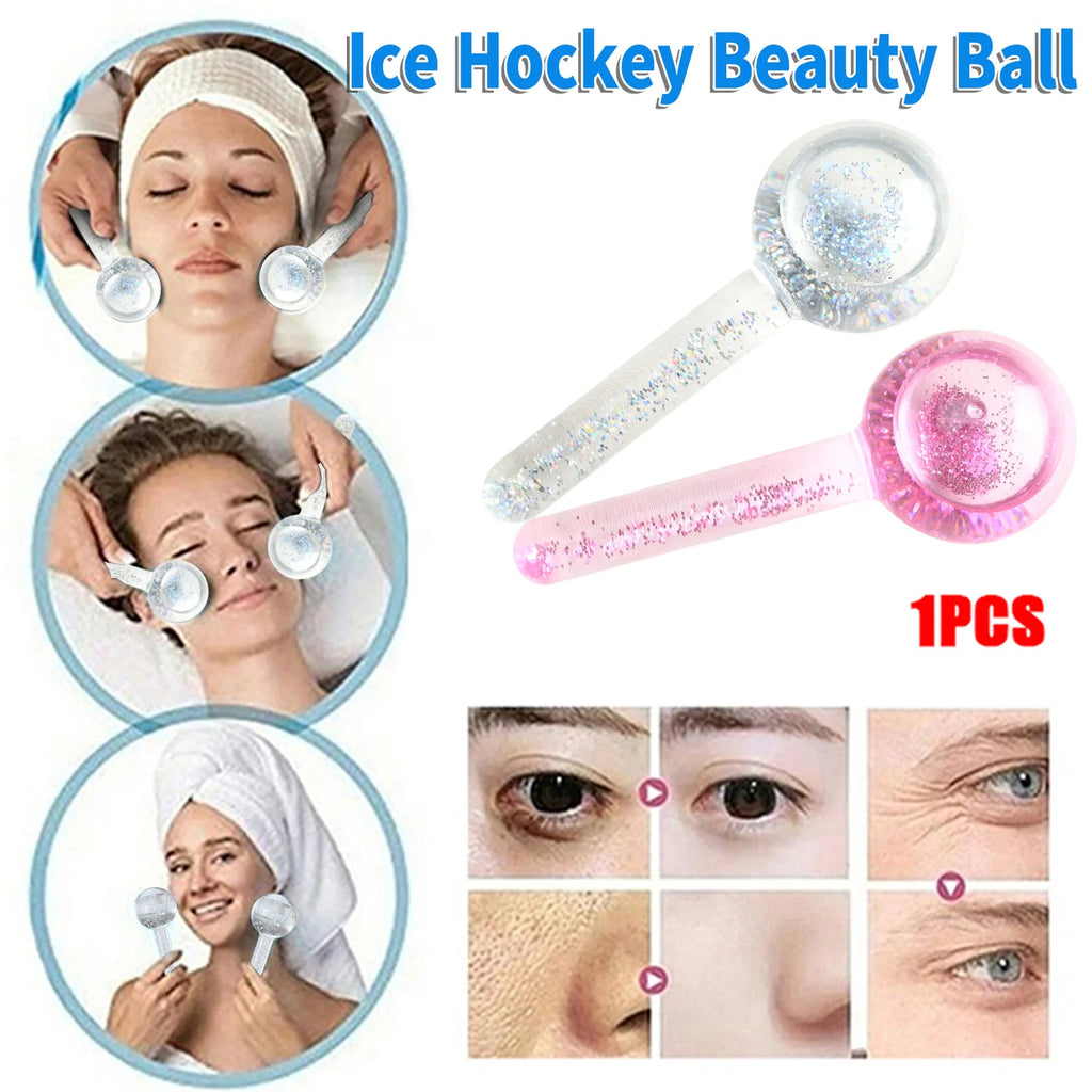 Two clear, glass-like facial massage globes with silver or pink glitter, used for cooling skin treatments.