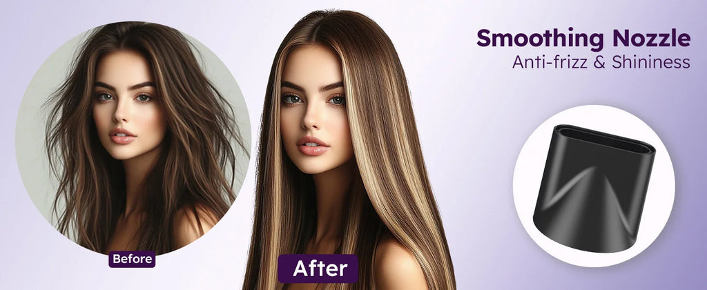 High-speed hair dryer smoothing nozzle for anti-frizz, shiny results. 110k RPM negative ion fast-drying styling tool.